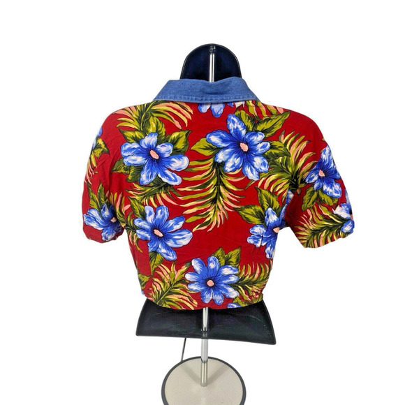 Hawaiian Crop Top Tie Front Button Tropical Cruise Beach M Red Boho Vintage - Picture 7 of 11